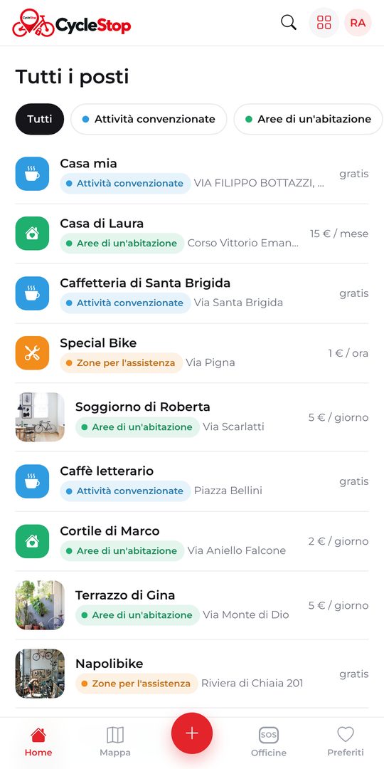 L'elenco dei posti nell'app CycleStop